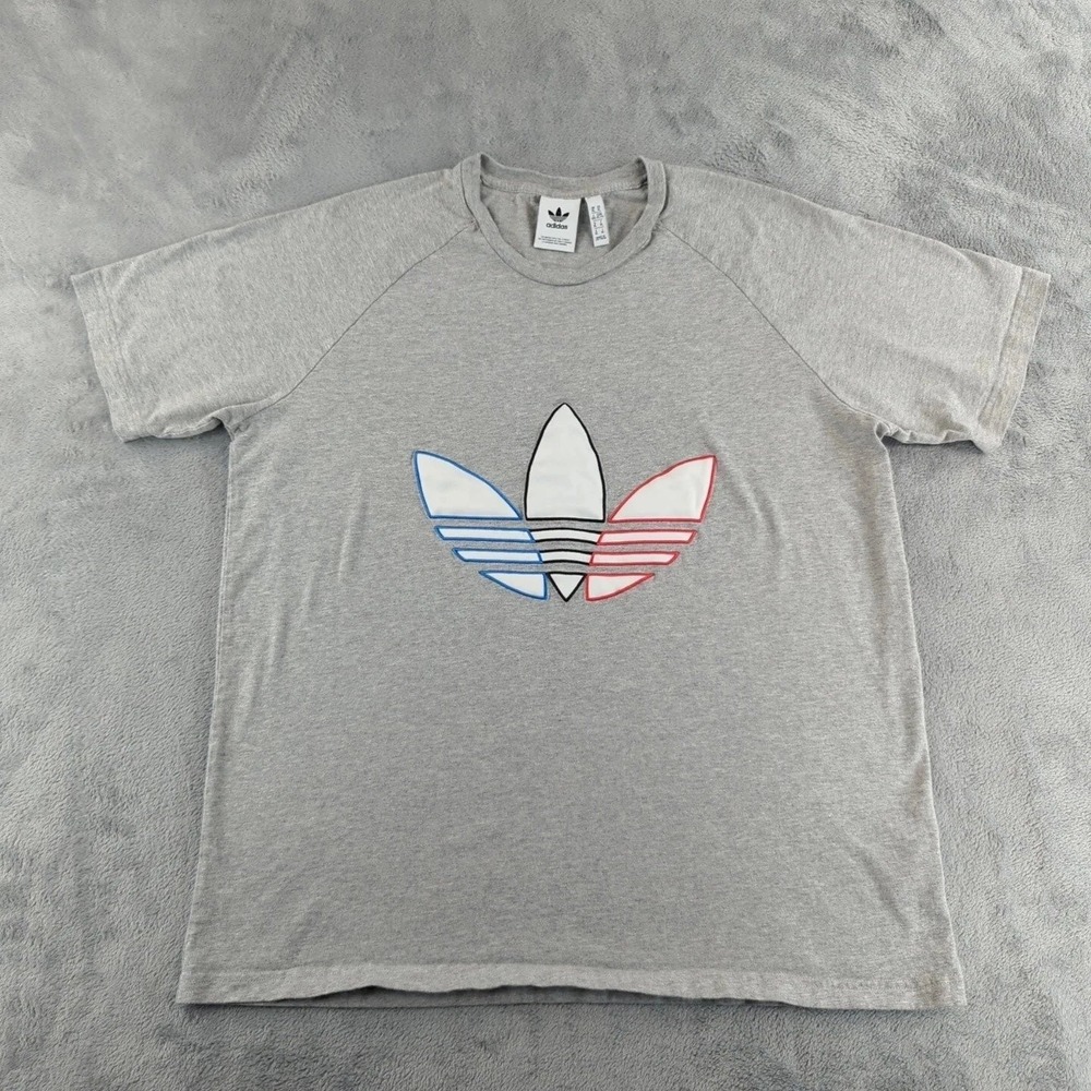 Adidas‎ Originals T-Shirt Mens XL Gray Red White Blue Trefoil Logo Cotton Shirt
